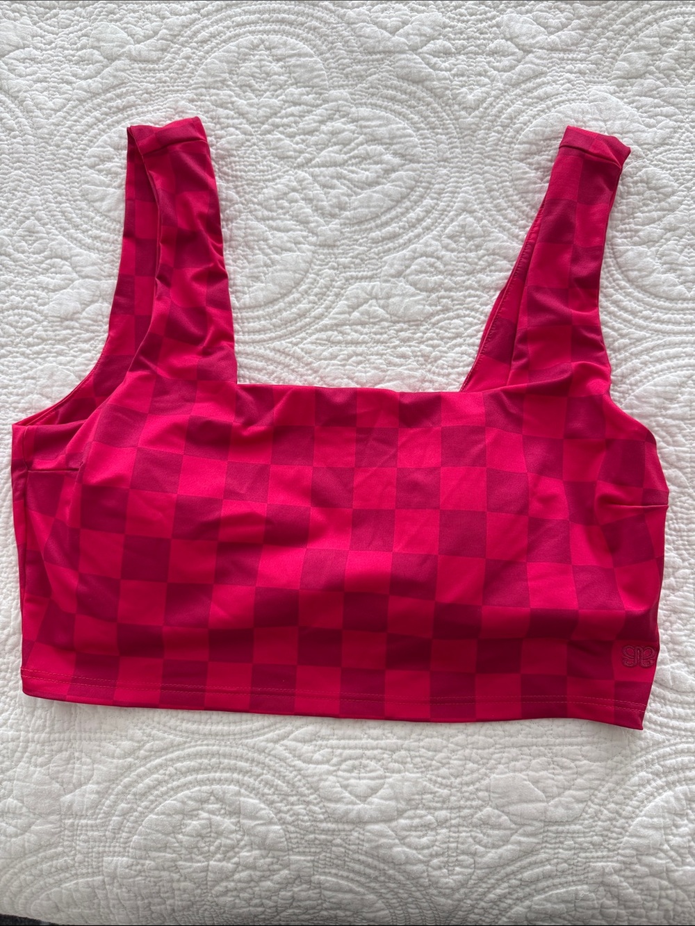 Albion Fit Checkerboard Crop swim Top in Hot Pink